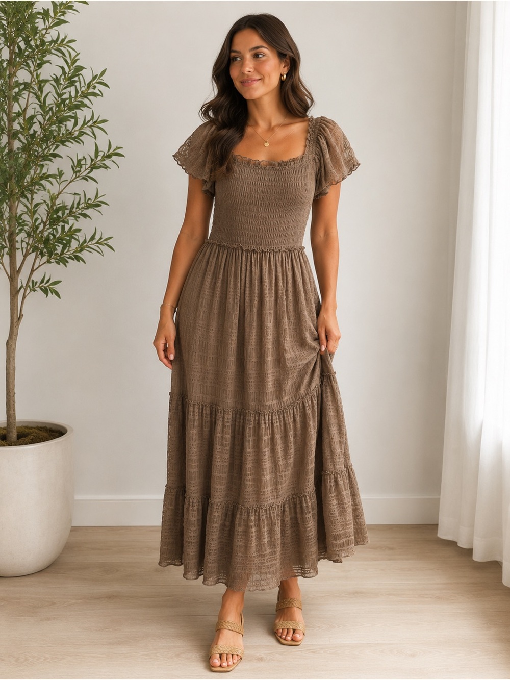 NWT Max Studio London Mocha Smocked Puff Sleeve Tiered Maxi Dress Sz S Boho Chic
